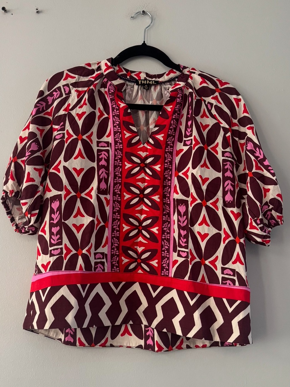 THML Multicolor Pink & Red Geometric Peasant Top